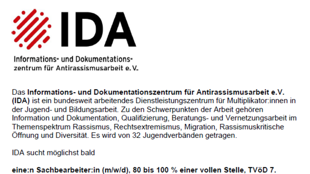 Stellenausschreibung des IDA e.V. für eine:n Sachbearbeiter:in (m/w/d)