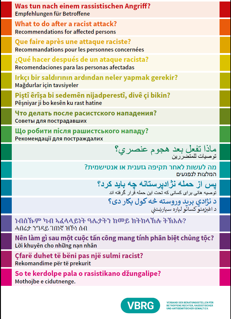 Cover des Ratgebers "Was tun nach einem rassistischen Angriff? Empfehlungen für Betroffene in 16 Sprachen" 2024.